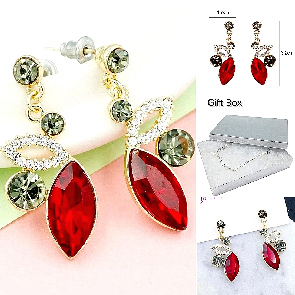 Gold Red White Gray Crystal Drop Earrings